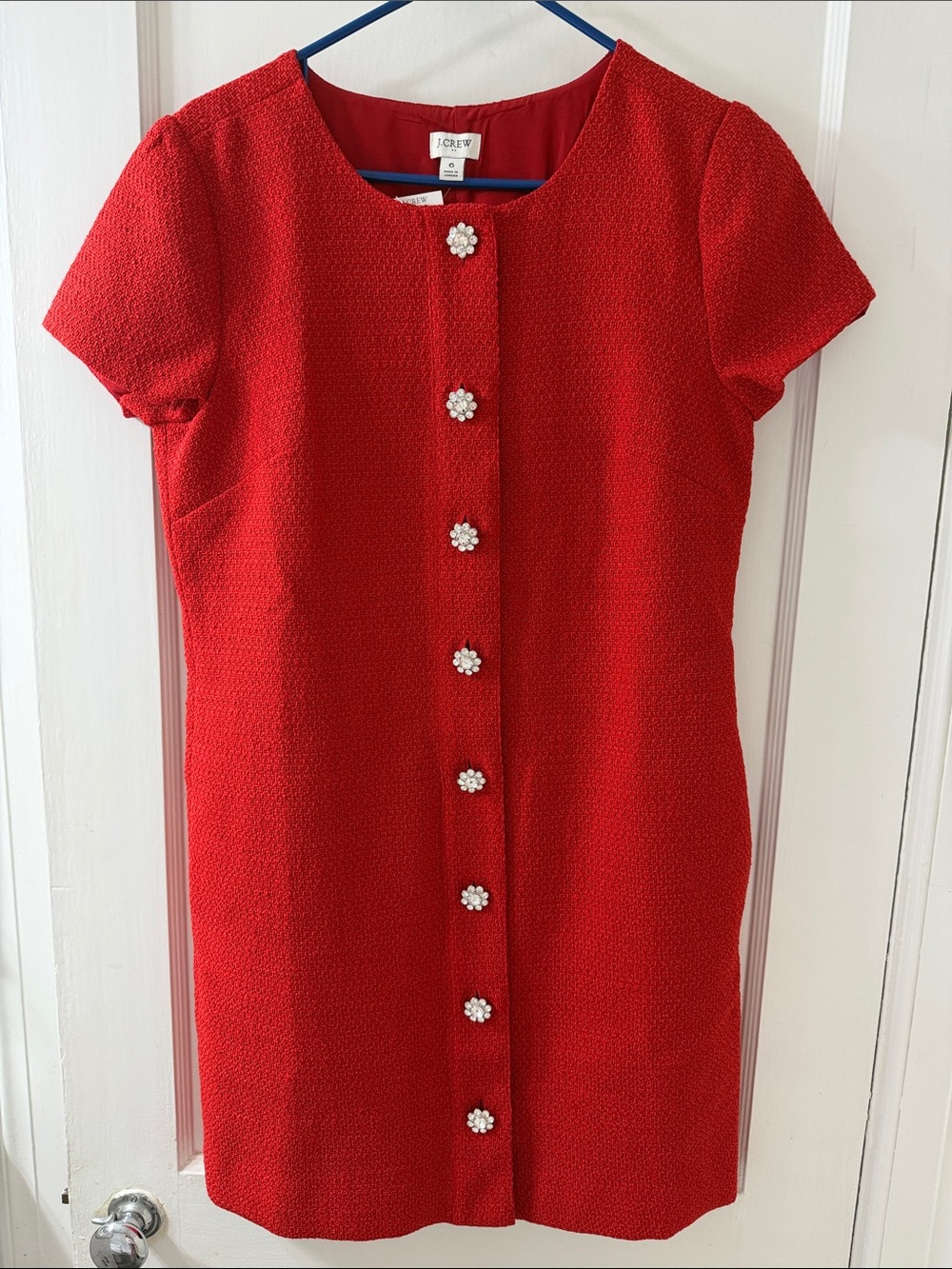 J. Crew Red Short-Sleeve Shift Dress with Floral Buttons